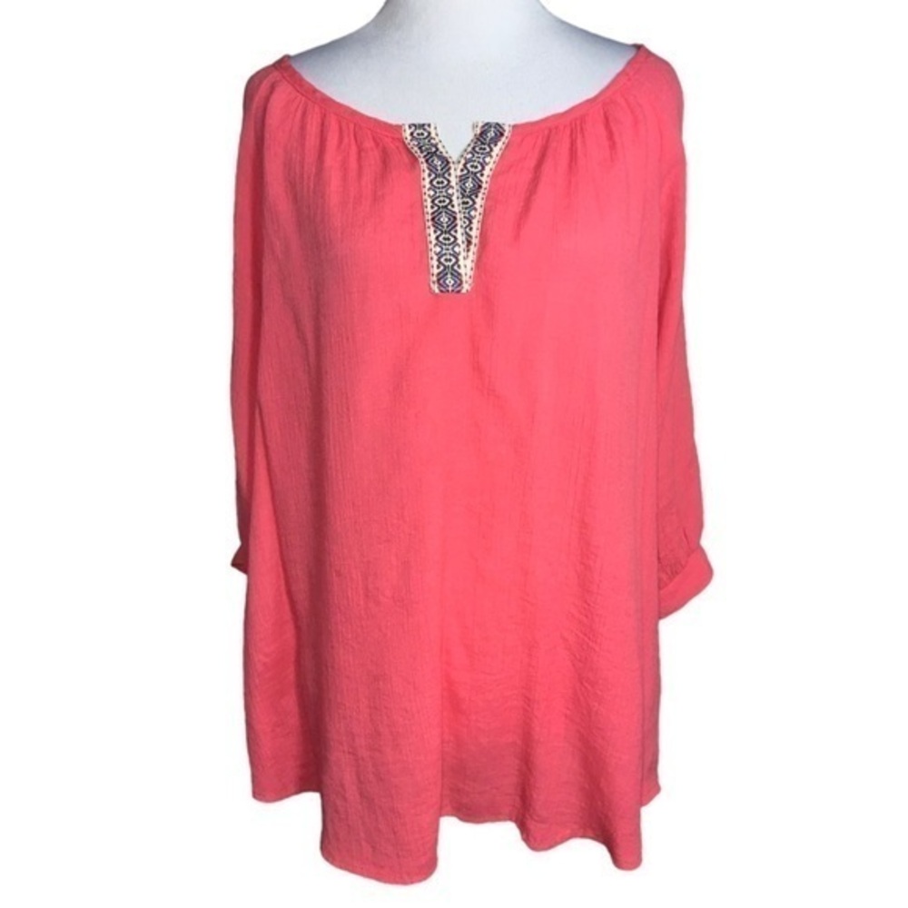 Miin Melon Colored Boho Peasant 3/4 Tie Sleeves Flowy Blouse XL